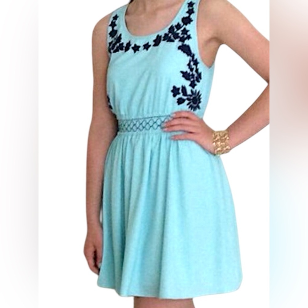 Jun & Ivy x Francesca’s Tiffany Blue Fit & Flare Dress Embroidered Detail Sz M
